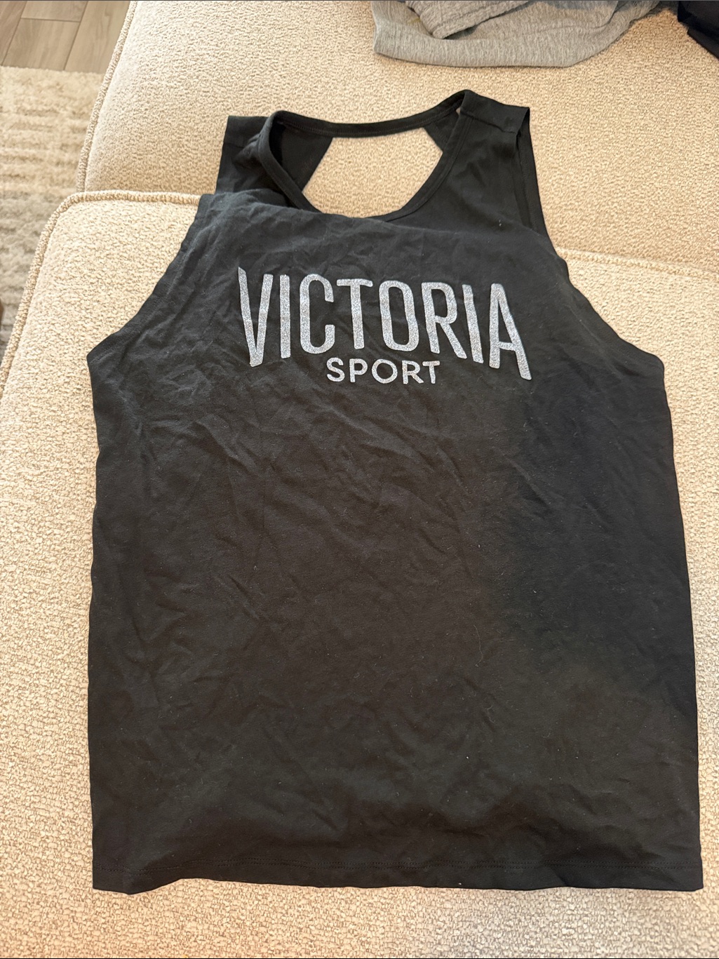 Victoria Sport Black Logo Tank With Sparkly Lettering And Open Back
